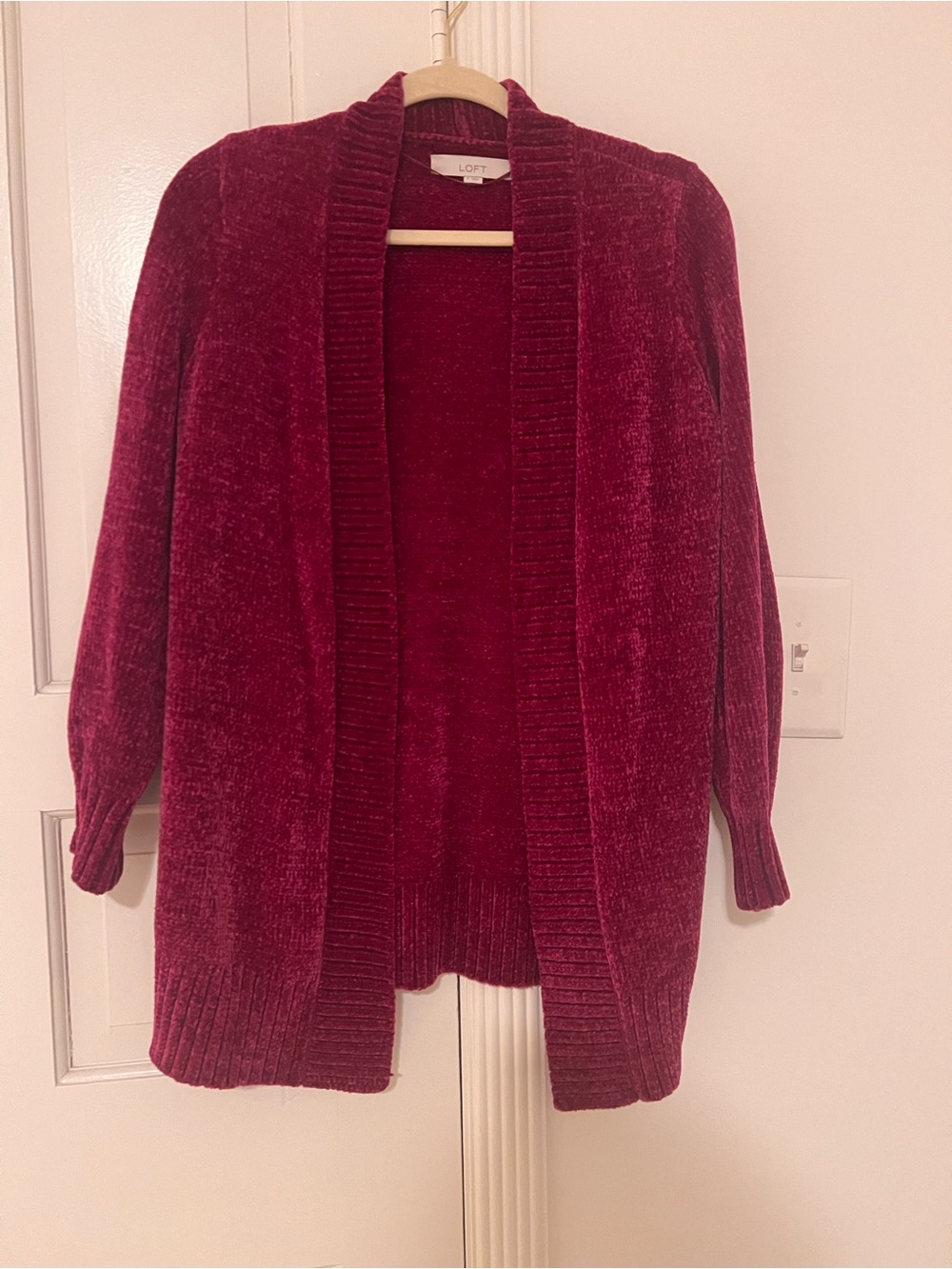 LOFT Chenille Open-Front Cardigan in Wine